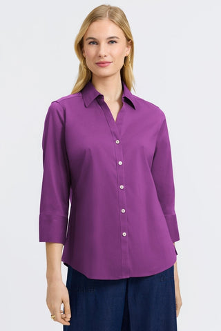 Front view of a woman wearing the Mary No Iron Stretch 3/4 Sleeve Shirt #color_fig