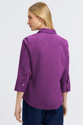 Back view of a woman wearing the Mary No Iron Stretch 3/4 Sleeve Shirt #color_fig