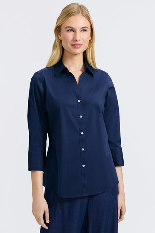 Front view of a woman wearing the Mary No Iron Stretch 3/4 Sleeve Shirt #color_navy