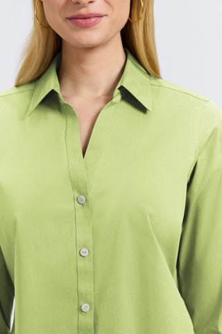 Close up front view of the collar and neckline on the Mary No Iron Stretch 3/4 Sleeve Shirt #color_celery