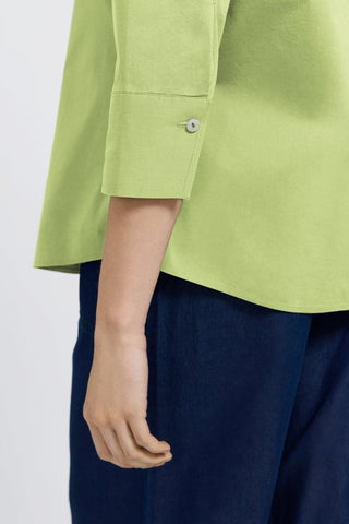 Angled back view of the Mary No Iron Stretch 3/4 Sleeve Shirt showing off the 3/4 length sleeve and the shell buttoned cuff #color_celery