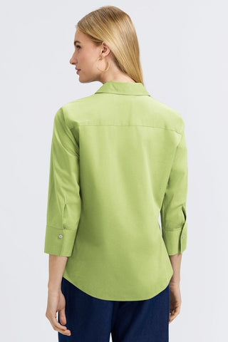 Back view of the woman wearing the Mary No Iron Stretch 3/4 Sleeve Shirt #color_celery