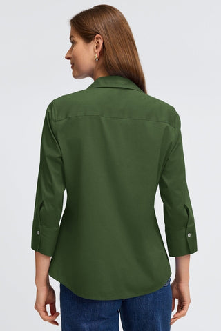 Back view of a woman wearing the Mary No Iron Stretch 3/4 Sleeve Shirt #color_basil