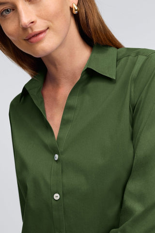 Close up view on the neckline and collar of the Mary No Iron Stretch 3/4 Sleeve Shirt #color_basil