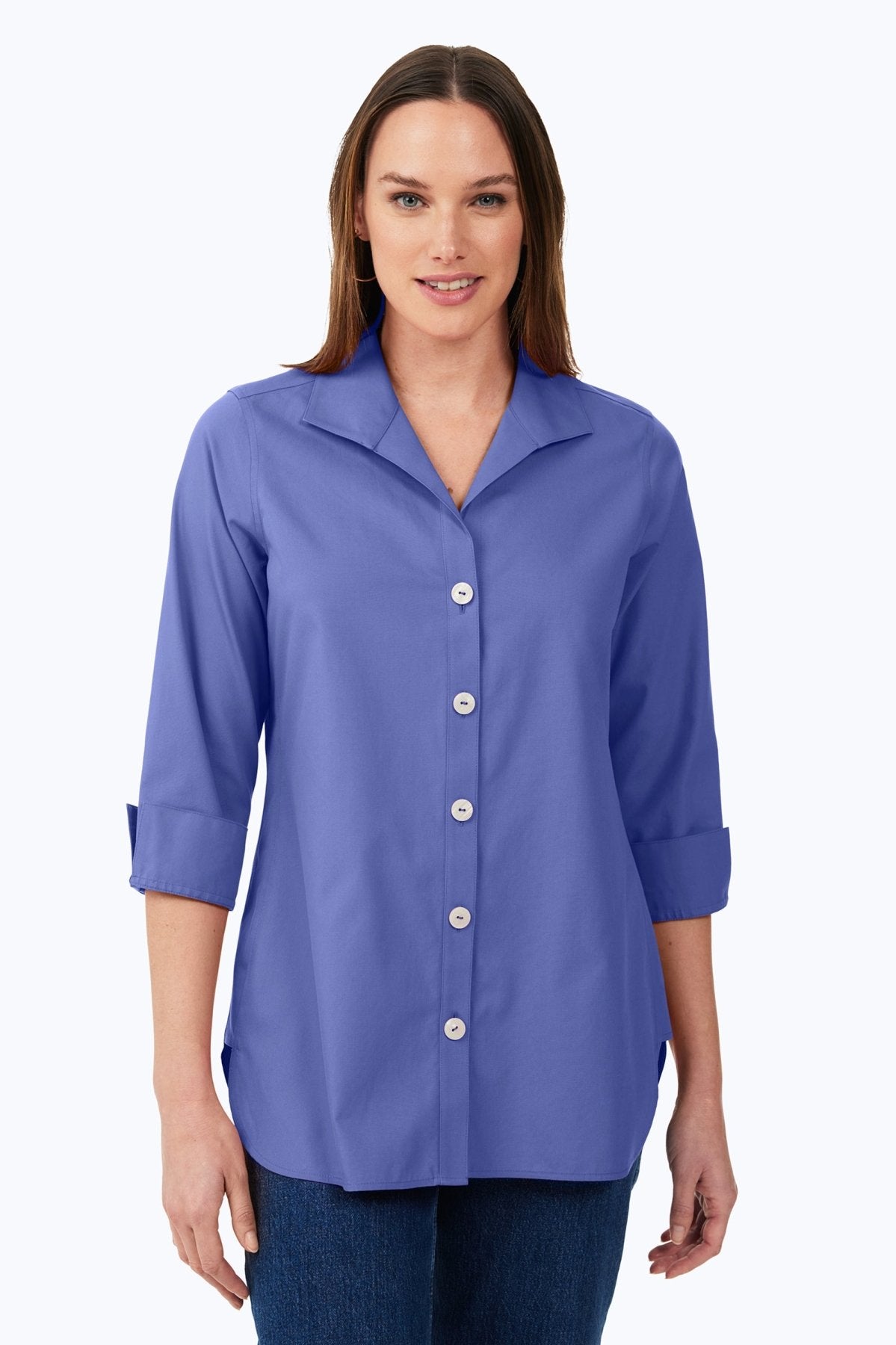 Pandora No Iron Pinpoint 3/4 Sleeve Tunic, Dark Chambray