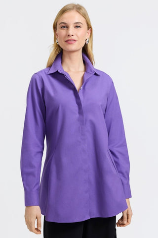 Front view of a woman wearing the Cici No Iron Pinpoint Long Sleeve Tunic #color_royal purple