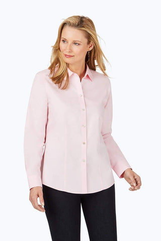Front view of a woman wearing the Dianna Essential Pinpoint Non-Iron Shirt #color_chambray pink
