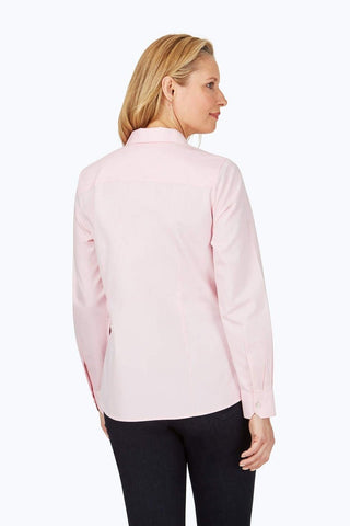  Back view of the Dianna No Iron Pinpoint Long Sleeve Shirt #color_chambray pink