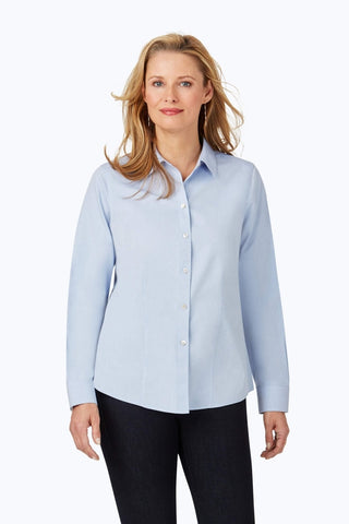 Front view of a woman wearing the Dianna Essential Pinpoint Non-Iron Shirt #color_blue wave