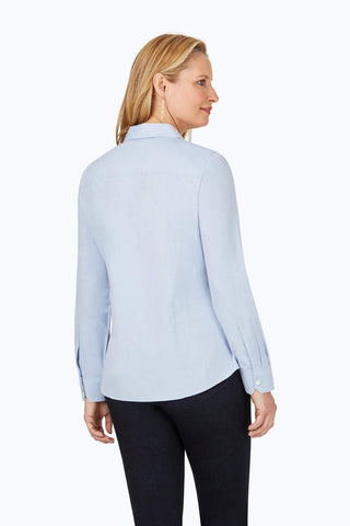 Back view of a woman wearing the Dianna No Iron Pinpoint Long Sleeve Shirt #color_blue wave