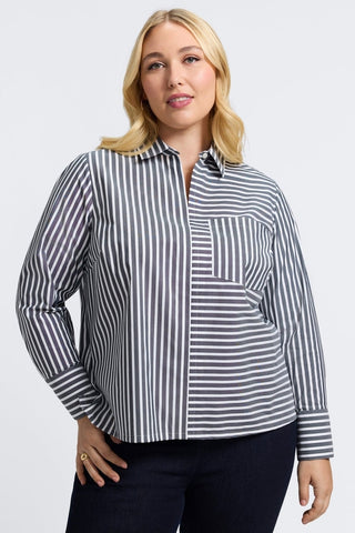 Front view of the Bella Plus Striped Long Sleeve Shirt showing off the direction play that comes from the striped pattern
#color_black/white