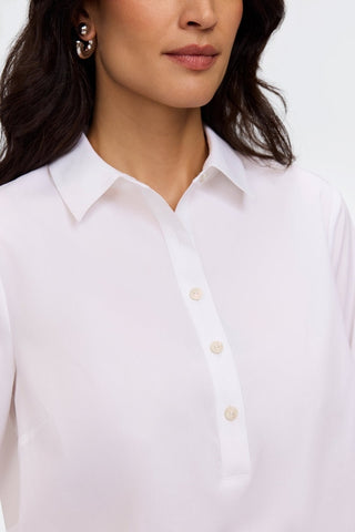 Front collar of the Therese 3/4 sleeve shirt with a half button placket in white