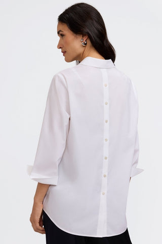 Back of the Therese 3/4 shirt with back button placket in white