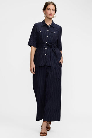 Front view of the Estela Pinstripe Linen Short Sleeve Jacket and it's breathable linen blend