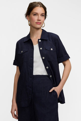 Front view of the Estela Pinstripe Linen Short Sleeve Jacket worn unbuttoned without the self tie belt 