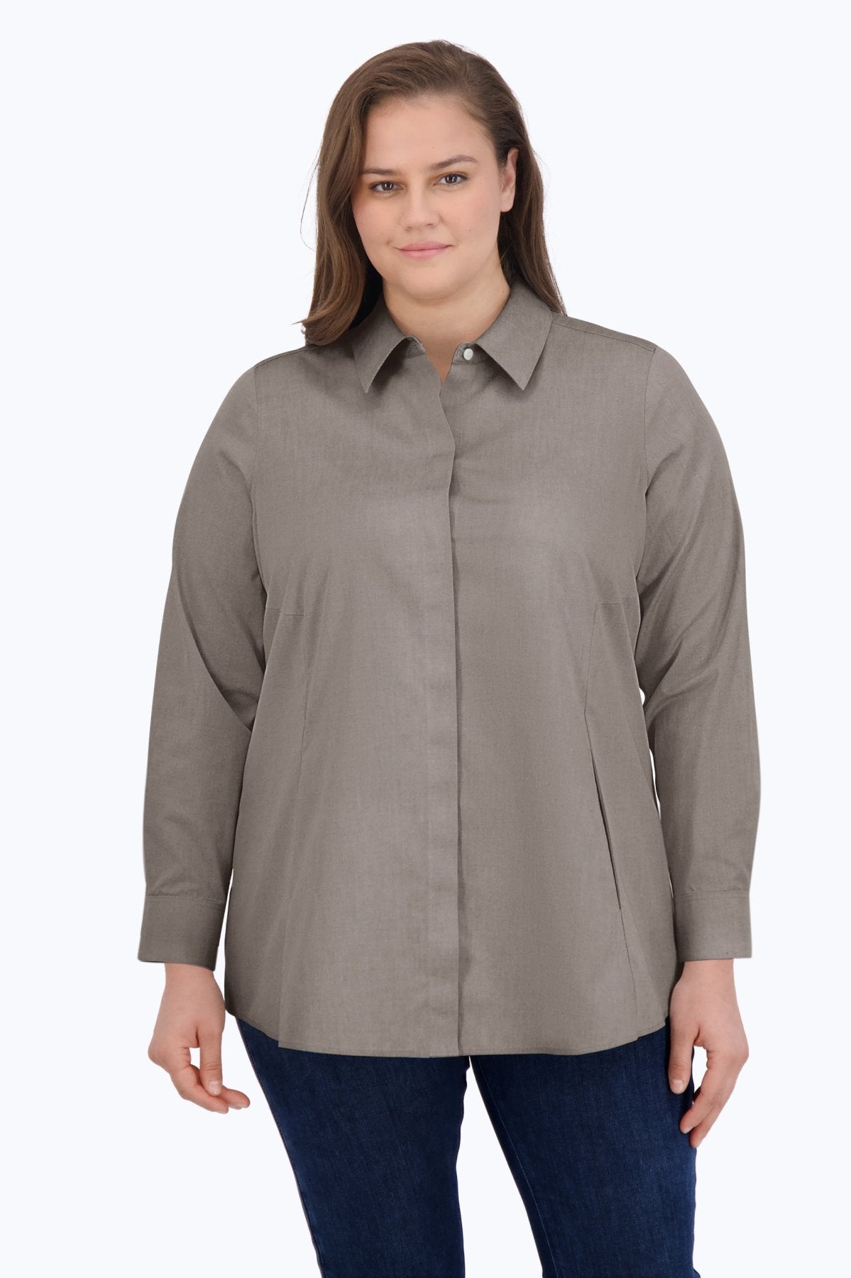 Cici Plus No Iron Pinpoint Long Sleeve Tunic