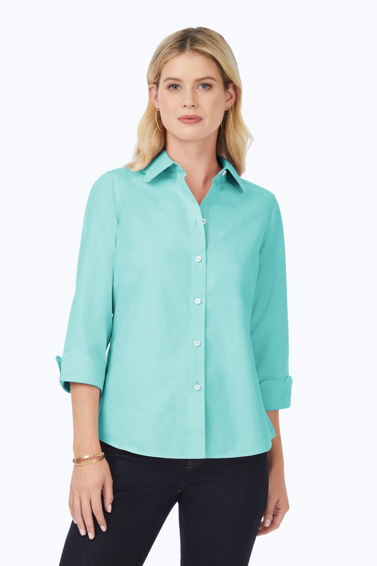 Gwen Pinpoint Non-Iron Scallop Shirt- Foxcroft 