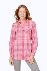 Germaine Purely Plaid Crinkle Tunic #color_rose red purely plaid crinkle