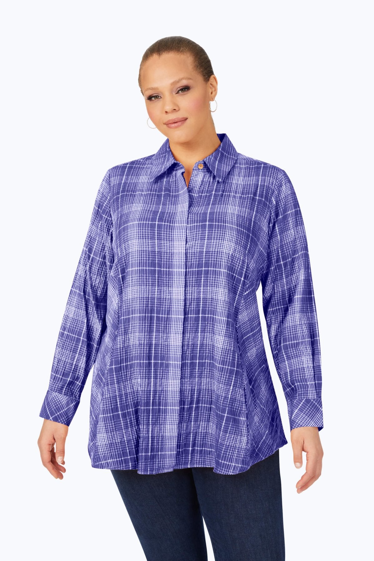 Foxcroft no-iron Cici Plus Plaid Perfection Tunic in Vibrant Plaid Blue, this plus-size look redefines effortless style.