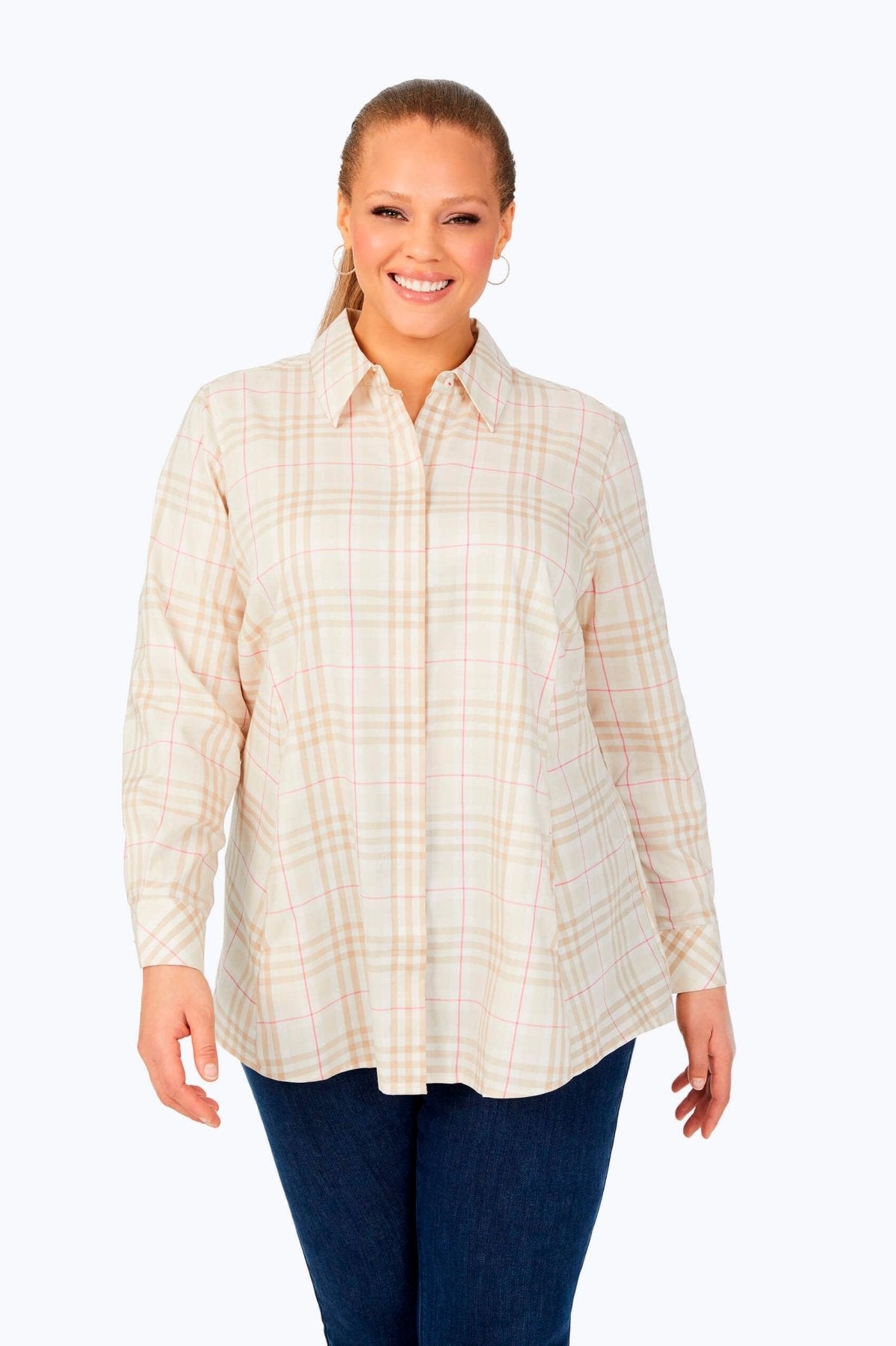 A Cici Plus Non-Iron Warm Plaid Tunic by Foxcroft, perfect for wrinkle-free sophistication.