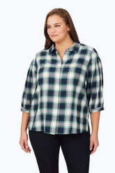 Plus Brushed Pleated Sleeve Plaid Shirt #color_navy multi brushed plaid