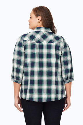 Plus Brushed Pleated Sleeve Plaid 3/4 Sleeve Shirt