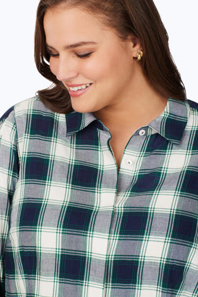 Plus Brushed Pleated Sleeve Plaid 3/4 Sleeve Shirt