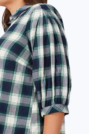 Plus Brushed Pleated Sleeve Plaid 3/4 Sleeve Shirt