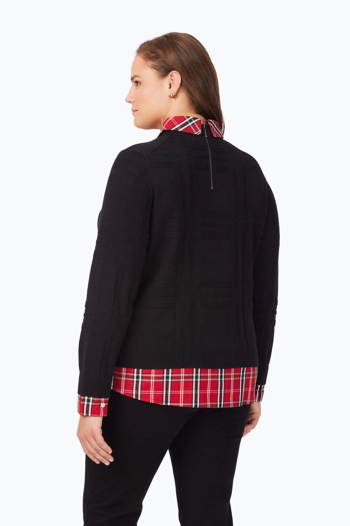 Plus Layered Combo Tartan Long Sleeve Sweater- Foxcroft