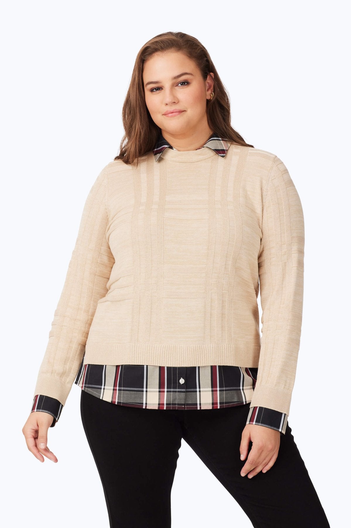 Plus Layered Combo Tartan Long Sleeve Sweater- Foxcroft