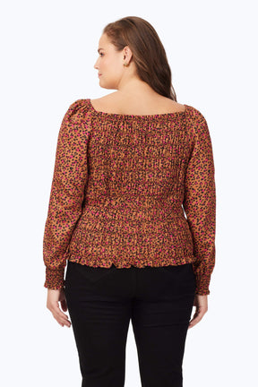 Plus Smocked Wild Cheetah Long Sleeve Blouse