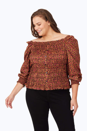 Plus Smocked Wild Cheetah Long Sleeve Blouse