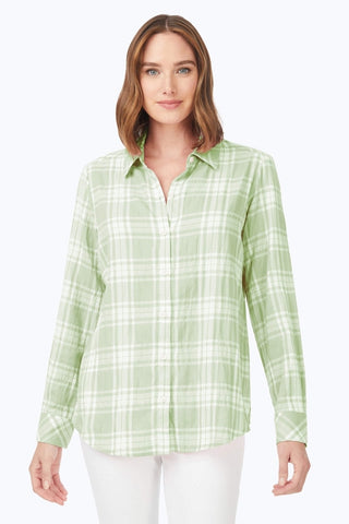 Rhea Puckered Spring Plaid Shirt #color_sea mist pucker spring plaid