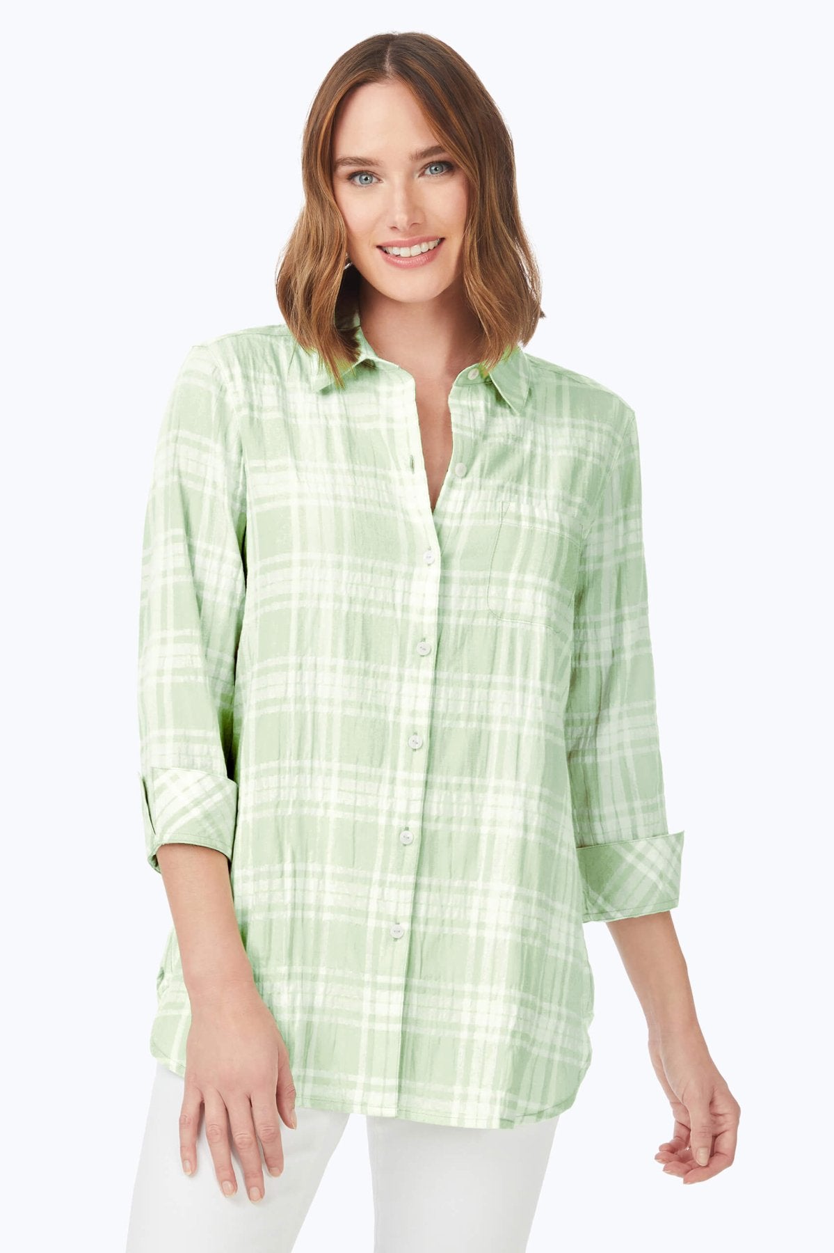 Germaine Puckered Spring Plaid 3/4 Sleeve Tunic