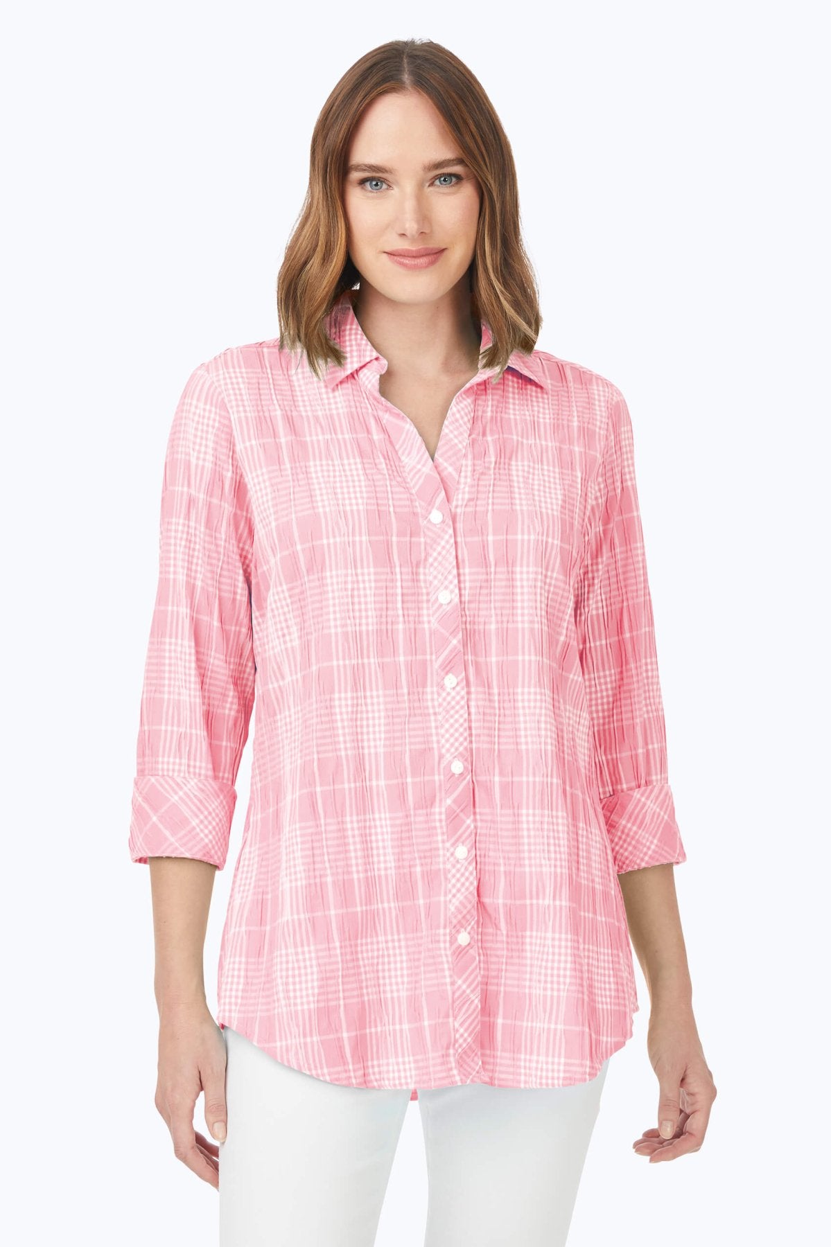 Faith Beach Plaid Crinkle 3/4 Sleeve Tunic- Foxcroft