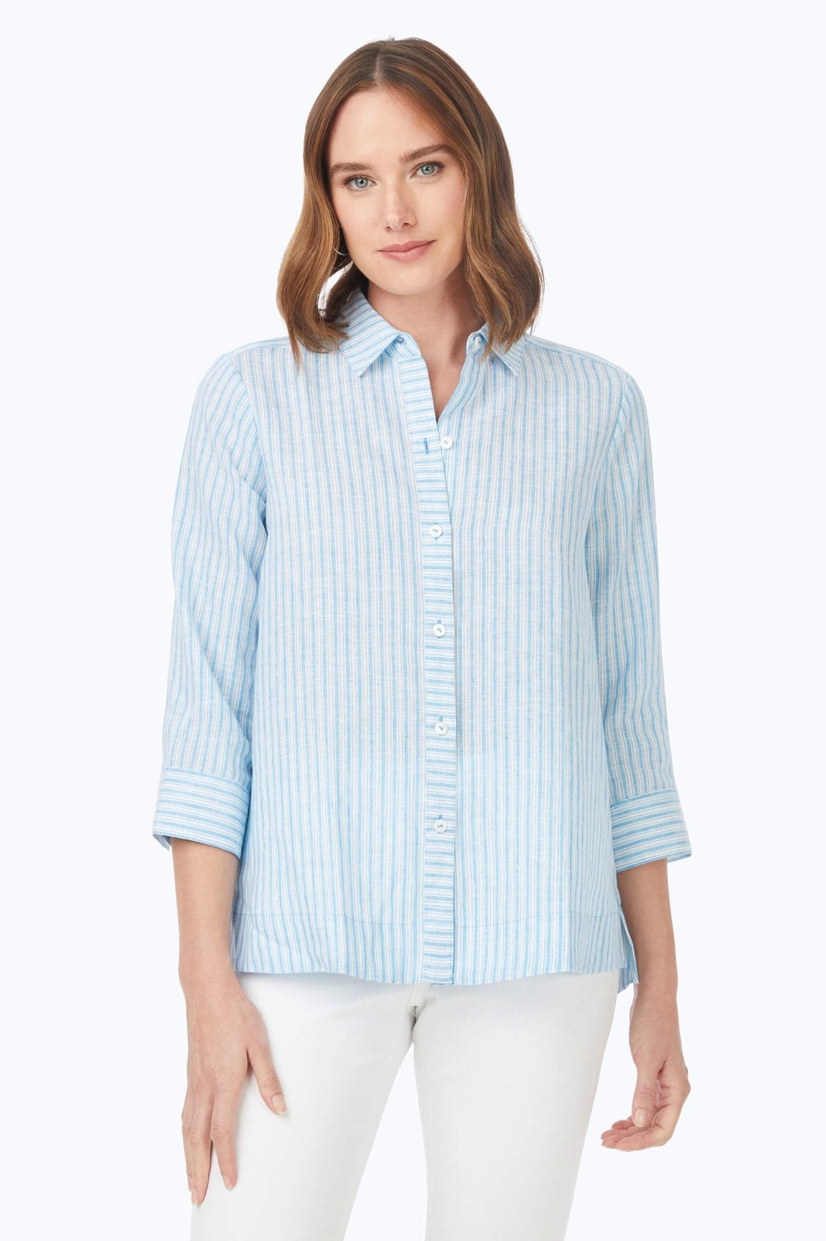 Harley Summer Stripe Linen 3/4 Sleeve Shirt- Foxcroft