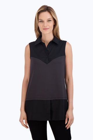 Front view of Sasha Knit-Woven Sleeveless Layering Tunic worn with black pants #color_black