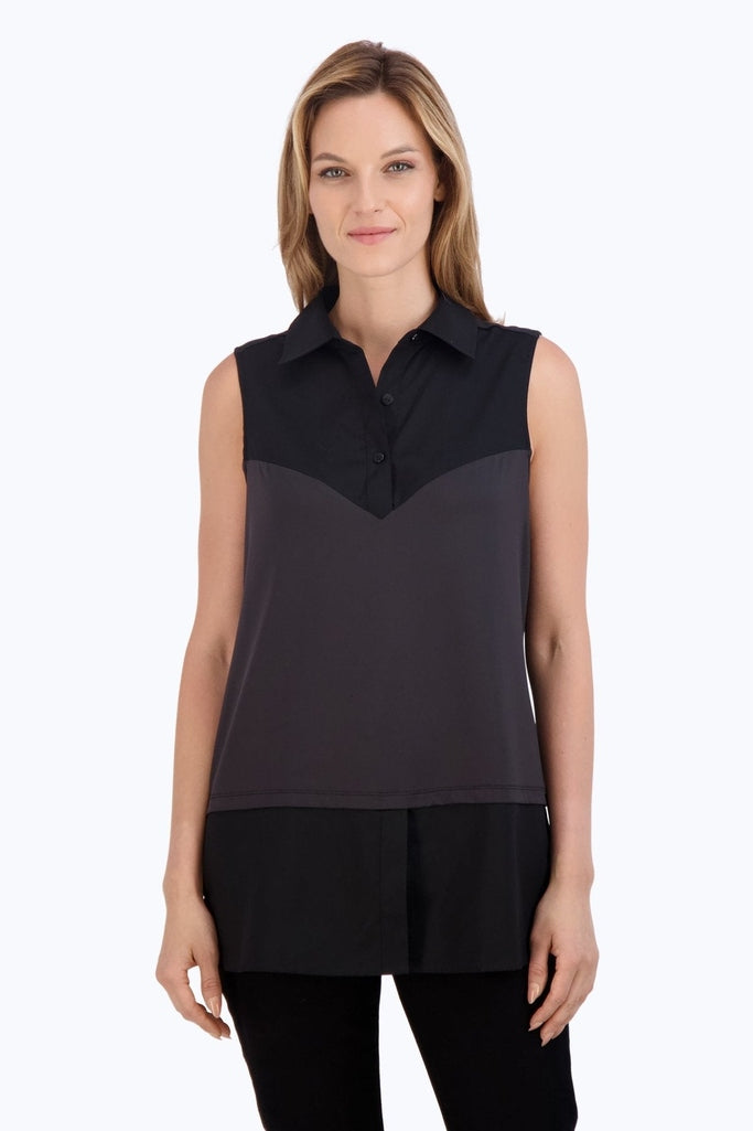 Front view of Sasha Knit-Woven Sleeveless Layering Tunic worn with black pants #color_black