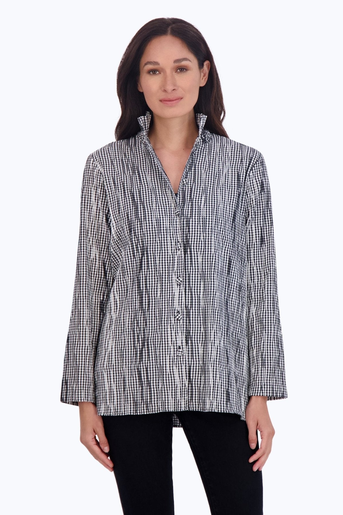 Carolina Mini Gingham Crinkle Long Sleeve Shirt Jacket, Black/White