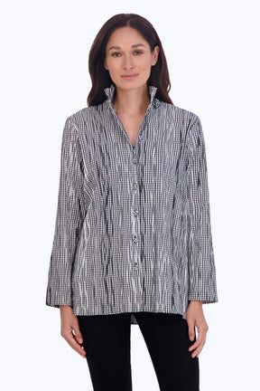 Carolina Mini Gingham Crinkle Long Sleeve Shirt Jacket, Black/White
