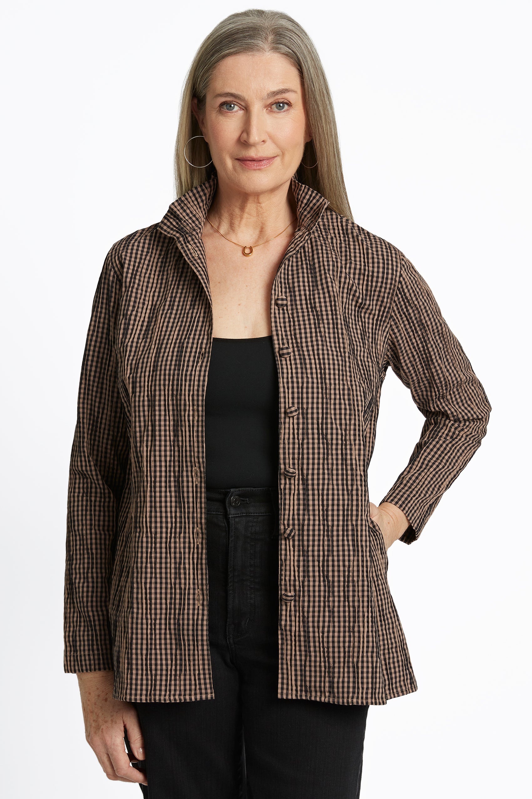 Stylish almond Foxcroft no-iron shirt button up shirt, modeled for comfort and timeless fashion.