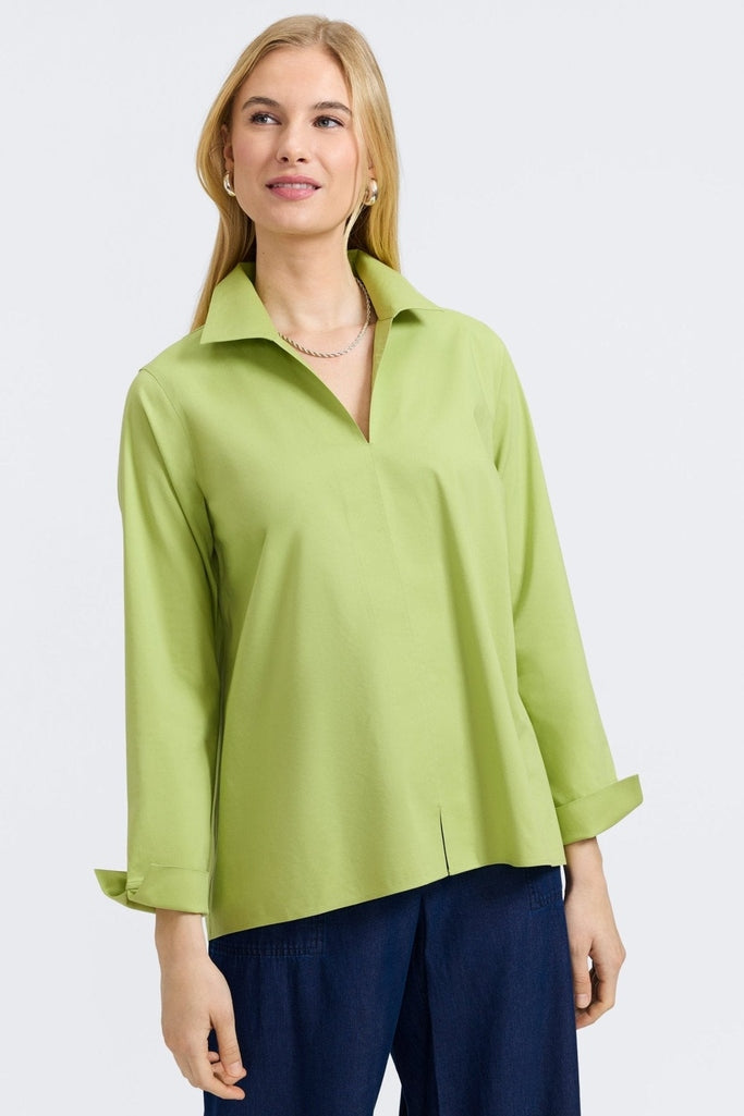 Agnes no iron stretch long sleeve popover shirt in #color_celery