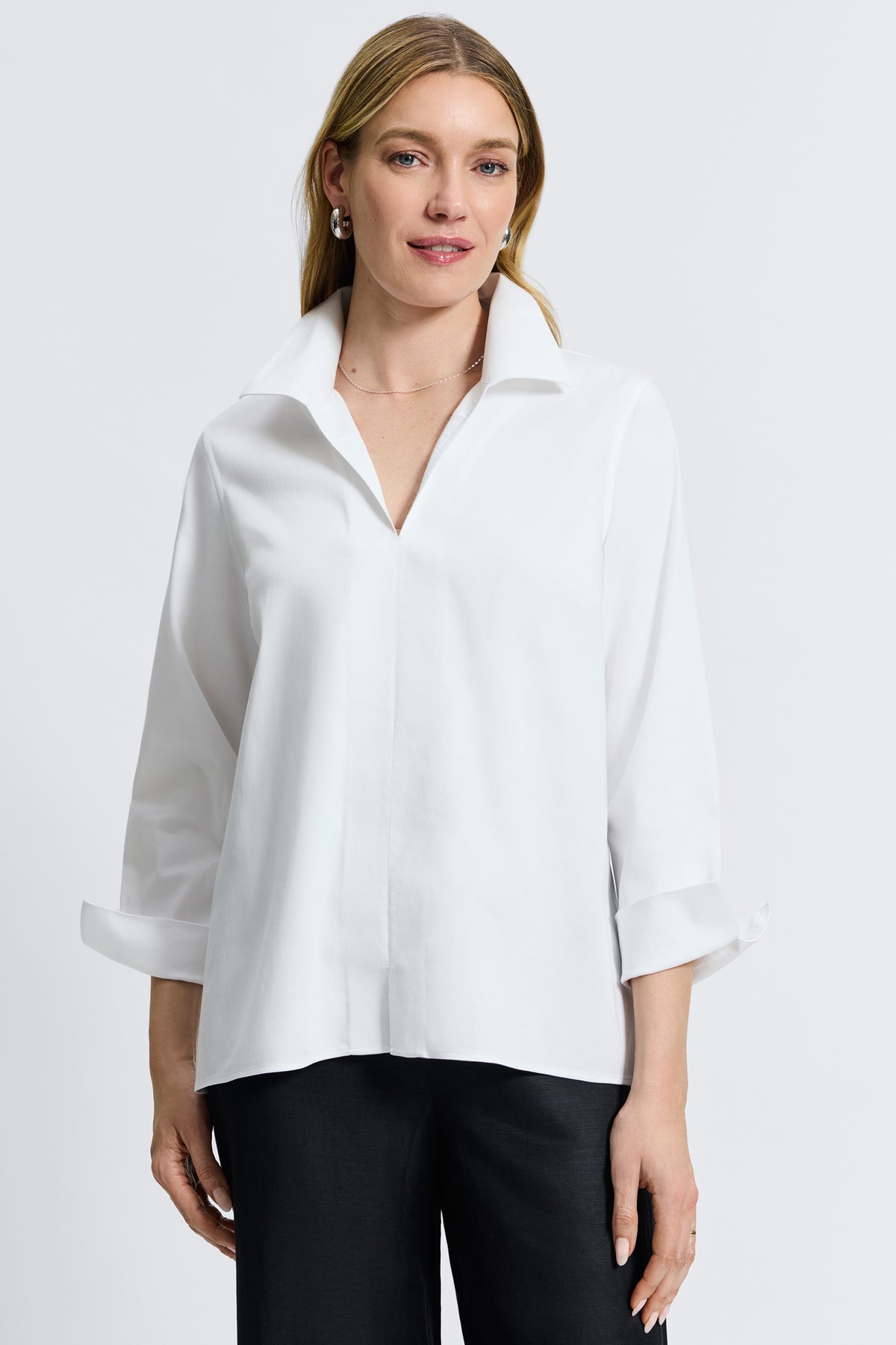 Sophisticated white Foxcroft no-iron shirt, designed for all-day wrinkle-free wear.