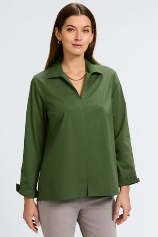 Agnes no iron stretch long sleeve popover shirt in #color_basil