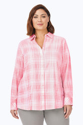 Rhea Plus Puckered Spring Plaid Shirt #color_pink champagne pucker spring plaid