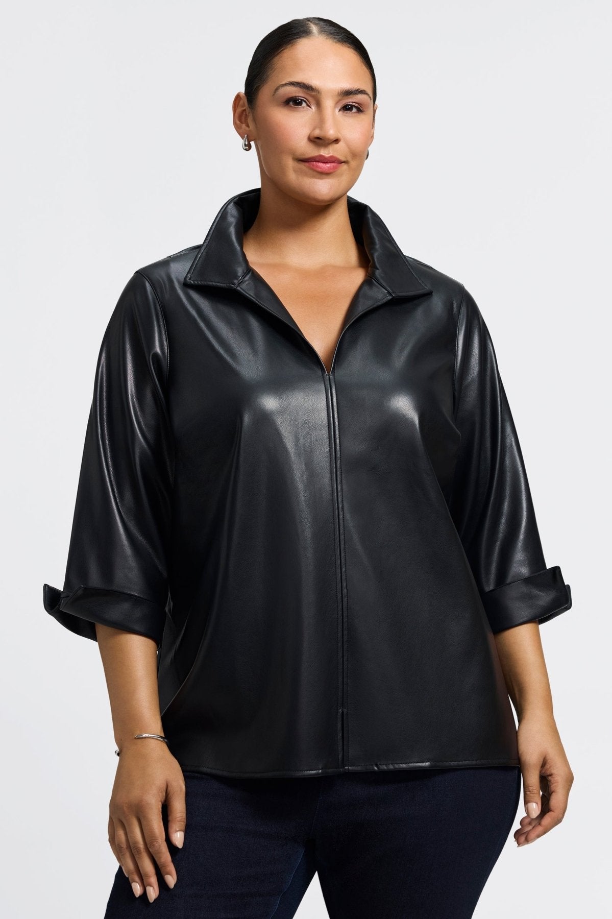 Agnes Plus Vegan Leather 3/4 Sleeve Popover Shirt