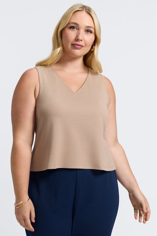 Front view of the flattering v-neck option of the Callie Plus Knit Crepe Reversible Sleeveless Tank #color_khaki