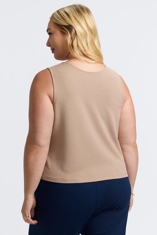 Back view of the Callie Plus Knit Crepe Reversible Sleeveless Tank featuring the classic scoop back #color_khaki