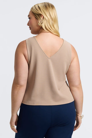 Back view of the Callie Plus Knit Crepe Reversible Sleeveless Tank showing off the v cut style on the back of the tank #color_khaki