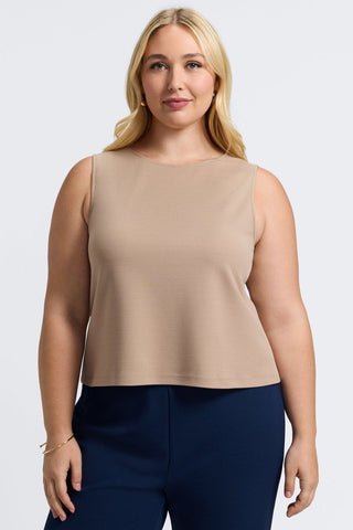 Front view the the scoop neckline of the Callie Plus Knit Crepe Reversible Sleeveless Tank #color_khaki